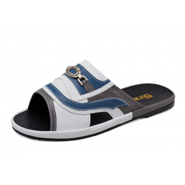Men Sandals SKF-40 Dark Gray Nappa-White Pebble grain-Blue Nappa Microfiber Leather
